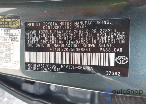 2005 Toyota Camry Le V6 from USA, damaged, VIN 4T1BF32K25U088844